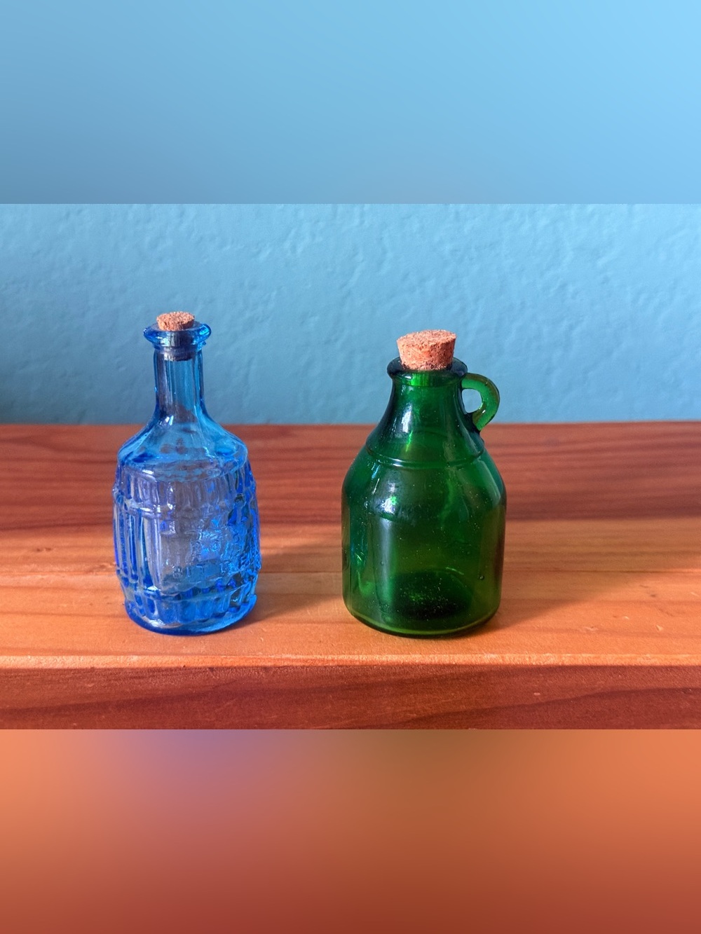 Vintage Mini Glass Bottles 3” Blue 2.5” Green Corked Lot of 2